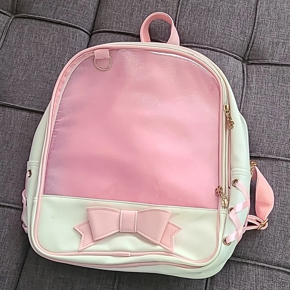 Donalworld white Pink bow backpack faux leather‎ NWT